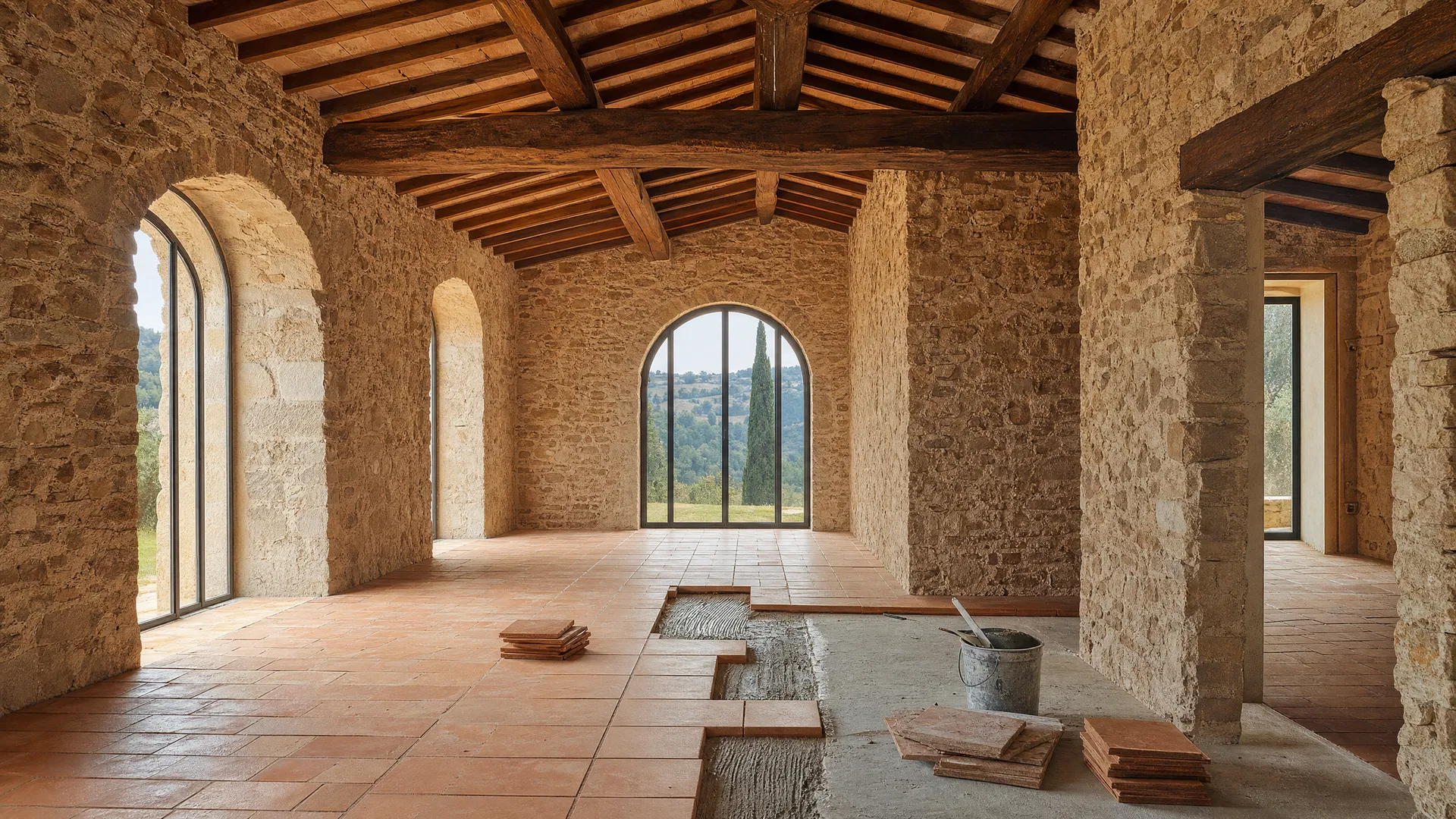 Interno con travi in legno, archi e pavimento in cotto durante i lavori