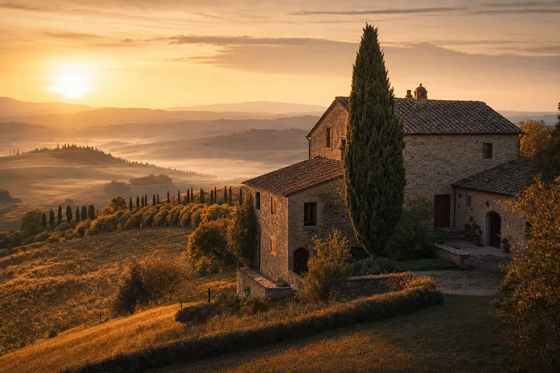 Casale di pietra in Val d'Orcia al tramonto