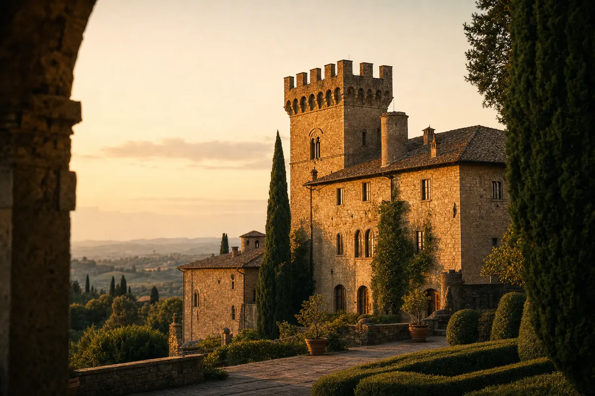 Castello toscano al tramonto con torre merlata e cipressi