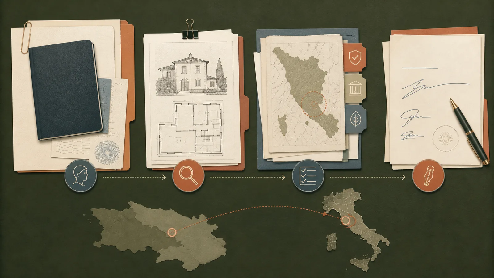 Editorial illustration of a dossier for buying a property in Tuscany from abroad
