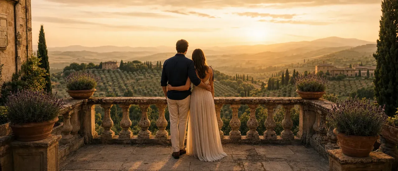Coppia su terrazza toscana al tramonto