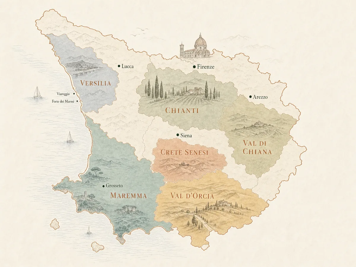 Mappa Toscana - Aree property finder MANINI: Chianti, Val d'Orcia, Crete Senesi, Maremma, Versilia, Argentario