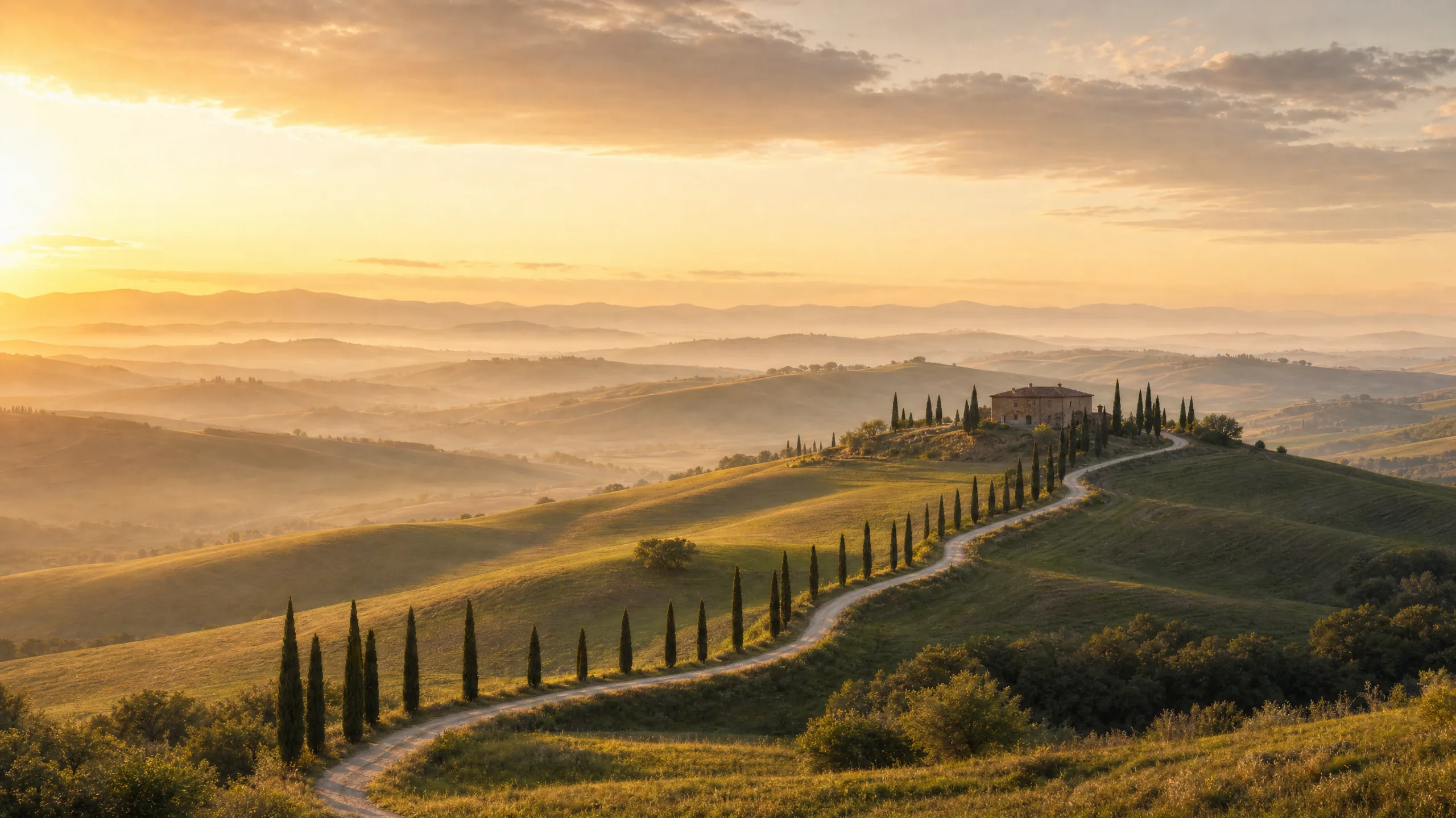 Paesaggio della Val d'Orcia con cipressi e poderi al tramonto